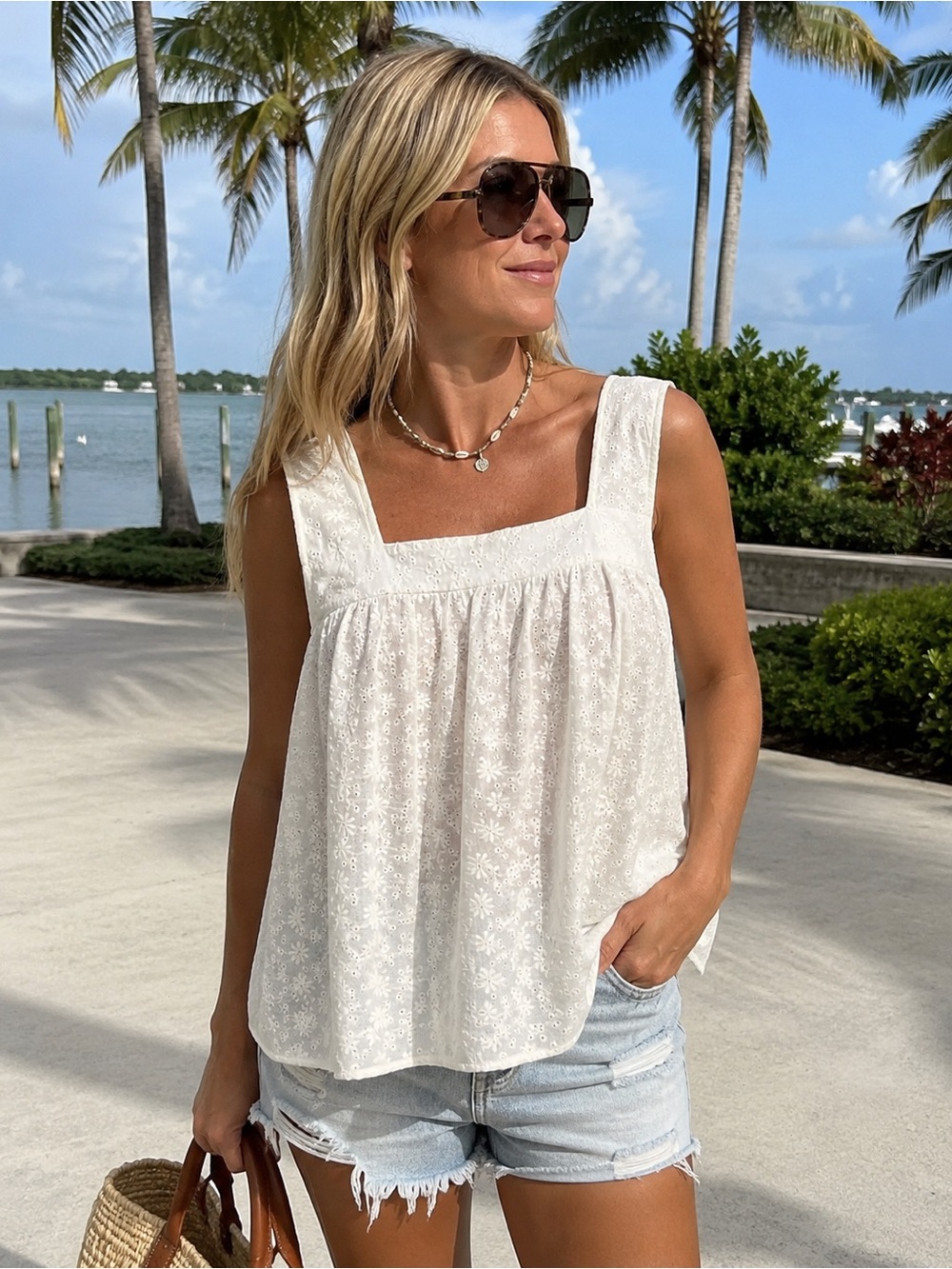 Baku White Eyelet Embroidered Sleeveless Babydoll Tank Top Size Large Boho